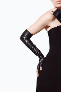 Long The line of Black Fingerless Leather Gloves by Ines
