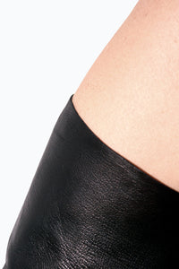Raw cut cuff detail shoulder length of  leather gloves by Ines