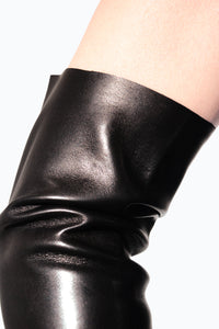 Raw cut cuff detail of Long Black Fingerless Leather Gloves by Ines