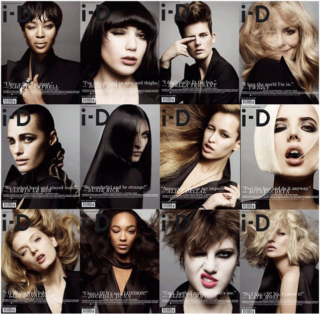 A mosaic of twelve "i-D" magazine covers arranged in a 4x3 grid. Each cover features a different model posing with a playful wink and an expression unique to their individual style. The i-D logo is prominently displayed at the top of each cover. Each model's outfit and hairstyle vary.