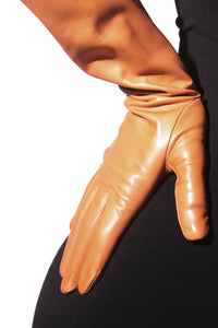 Hand wearing brown Elegant Long Leather Gloves by Ines
