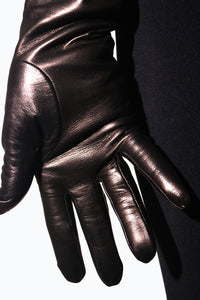 Hand wearing Opera Length Leather Gloves lined with cashmere by Ines