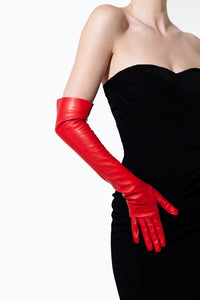 Red Elegant Long Leather Gloves by Ines