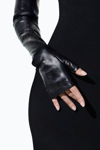 Long Black Fingerless Leather Gloves by Ines