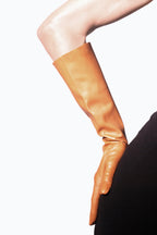 Medium length leather gloves, camel color by Ines Gloves