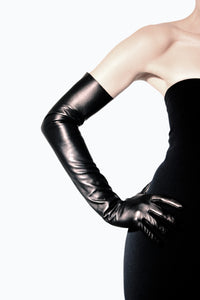 Designer Long Stretch Black Leather Gloves by Ines