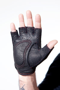 Palm of Black Fingerless Peccary Driving Gloves for Gentleman with red stitching by Ines Gloves