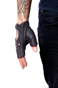 Black Fingerless Peccary Driving Gloves for Gentleman with red stitching  by Ines Gloves