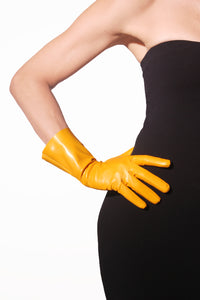 Yellow classic unlined short leather gloves by Ines Gloves